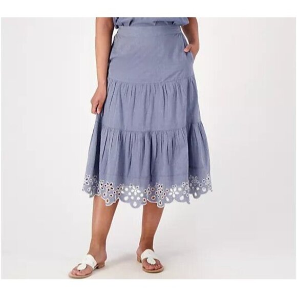 Isaac Mizrahi Live! Tiered Skirt LP Blue Embroidered Hem Cotton Blend Boho - Picture 1 of 6